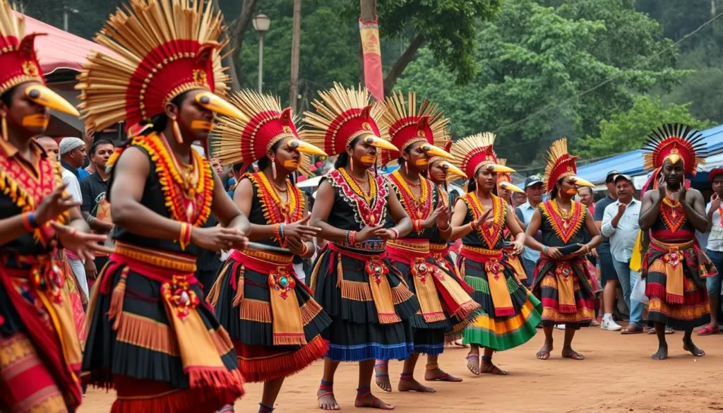 Colorful tribal performance at the Hornbill Festival with dancers in traditional Naga attire