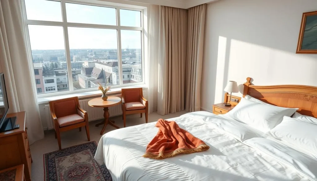 Comfortable hotel room in Ryazan with traditional Russian design elements and modern amenities Comfortable hotel room in Ryazan with traditional Russian design elements and modern amenities