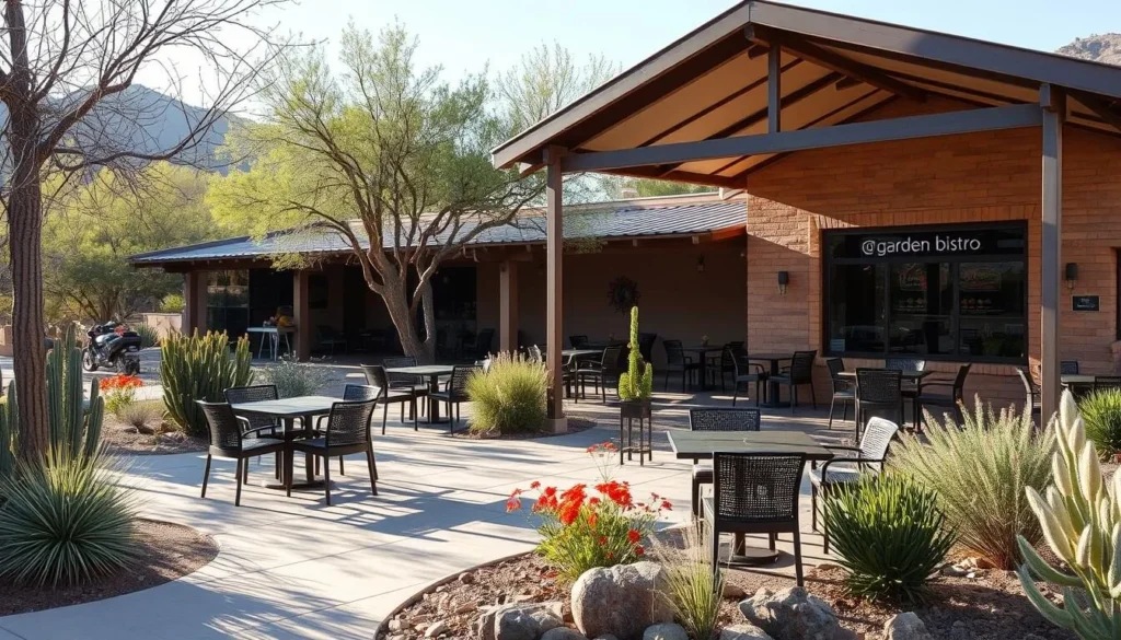 Comfortable outdoor seating area at Tohono Chul Park Garden Bistro with desert landscaping and shade