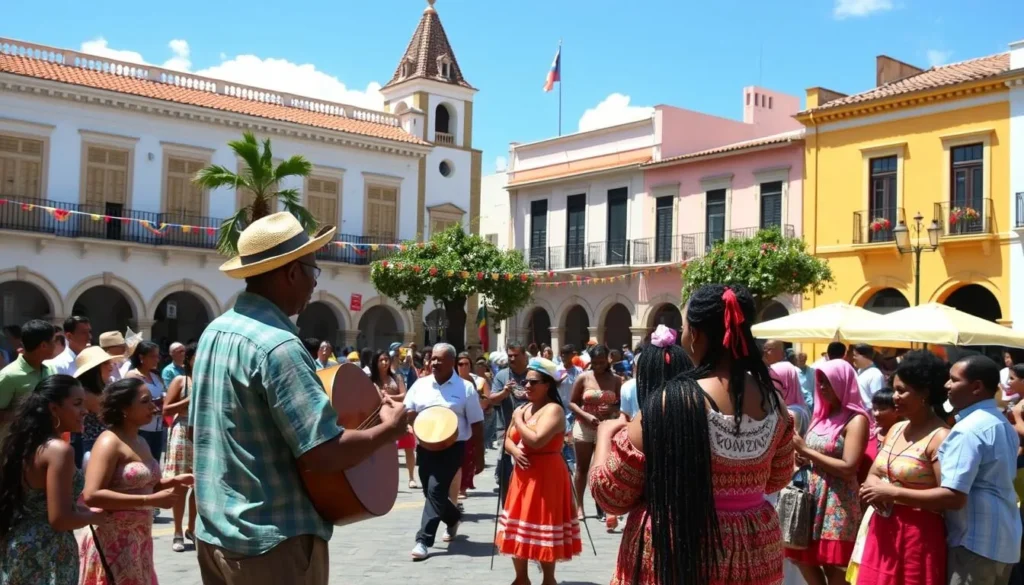 Constanza town plaza with local cultural celebration and diverse participants