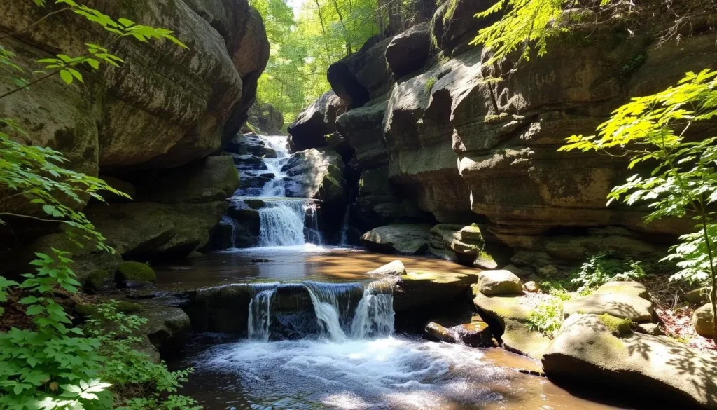 Cottonwood Falls at Worlds End State Park with water flowing through rock formations