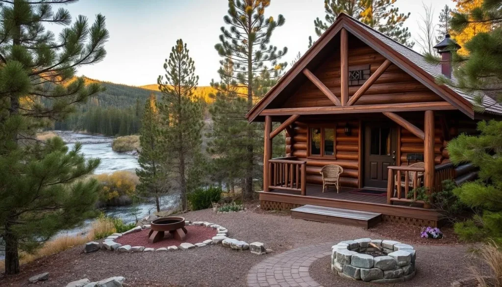 Cozy cabin accommodation along the Cache la Poudre River surrounded by pine trees Cozy cabin accommodation along the Cache la Poudre River surrounded by pine trees
