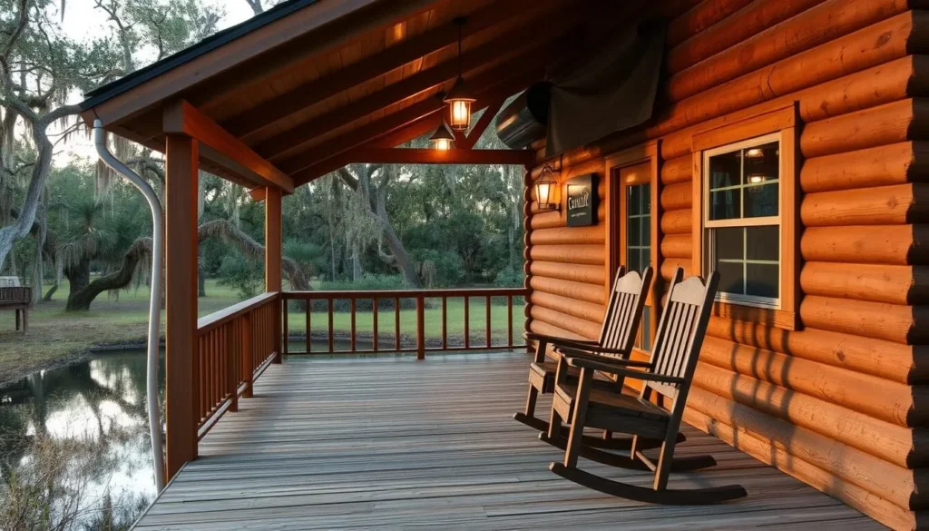 Cozy cabin accommodation near Vermilion Bay Wetlands Louisiana with porch overlooking water