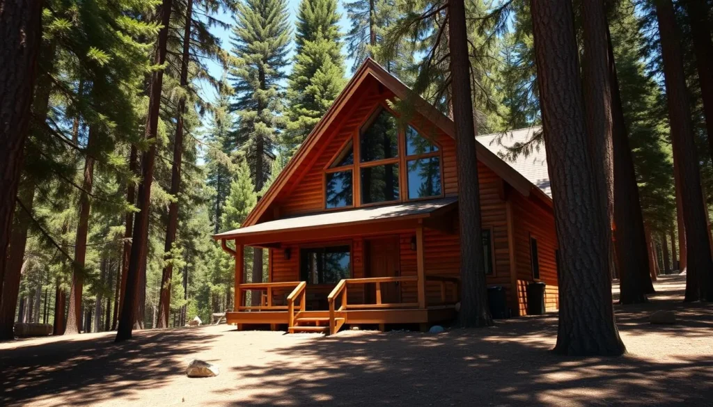 Cozy cabin accommodation near Ward Creek surrounded by pine trees
