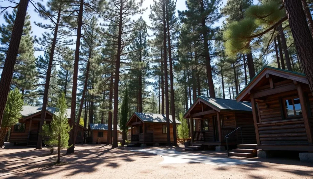 Cozy cabin accommodations at Mount Lemmon with pine trees surrounding