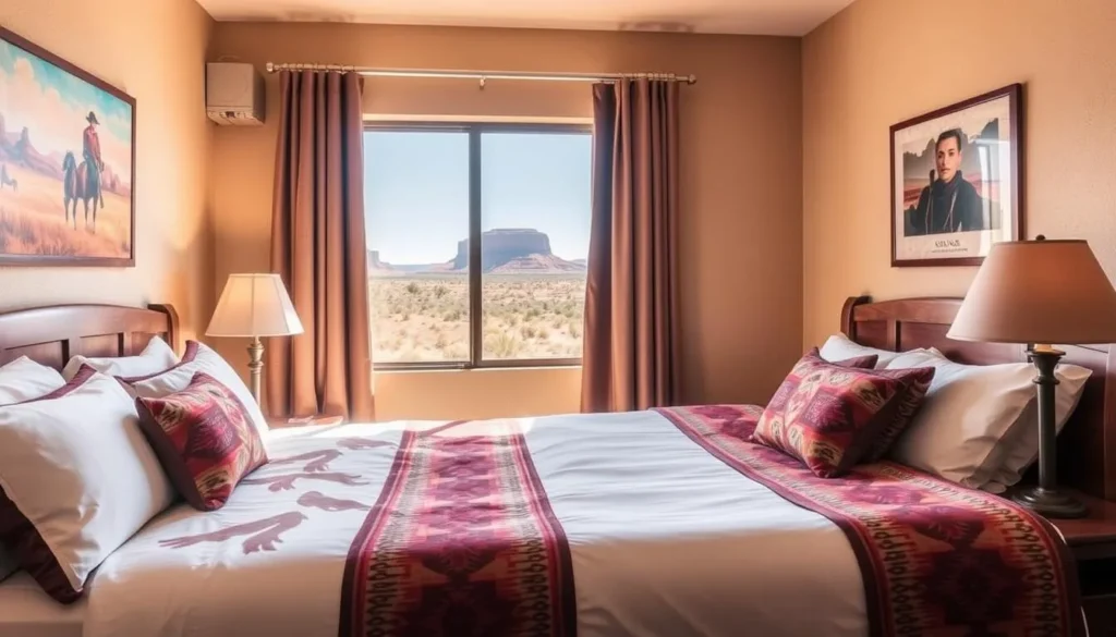 Cozy hotel room with Southwestern decor and a window view toward distant mesas Cozy hotel room with Southwestern decor and a window view toward distant mesas