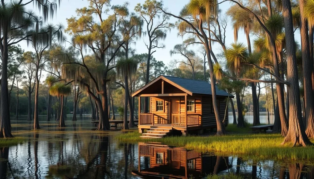 Cozy lakeside cabin near Lacassine Wetlands Louisiana surrounded by cypress trees Cozy lakeside cabin near Lacassine Wetlands Louisiana surrounded by cypress trees