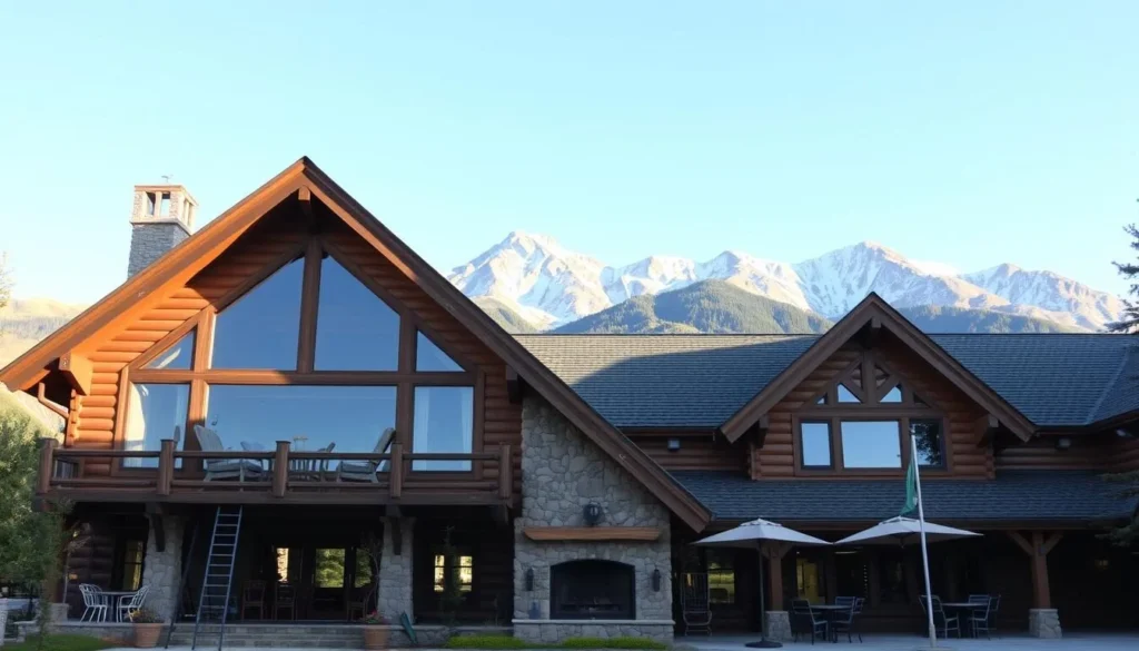 Cozy mountain lodge in the Elk Mountains with rustic architecture and mountain views Cozy mountain lodge in the Elk Mountains with rustic architecture and mountain views
