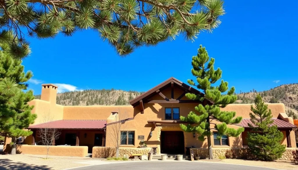 Cozy mountain lodge with traditional Southwestern architecture in the Sangre de Cristo foothills