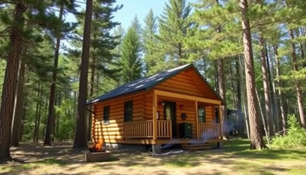 Cozy wooden cabin in Seven Mountains Pennsylvania surrounded by forest with a small porch and outdoor fire pit Cozy wooden cabin in Seven Mountains Pennsylvania surrounded by forest with a small porch and outdoor fire pit