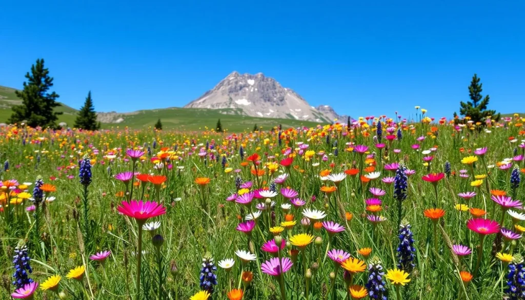 Crestone Peak area in summer with wildflowers blooming in the foreground and clear mountain views