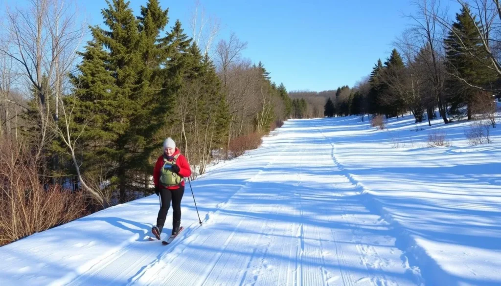 Cross-country skier on winter trail at Rock Cut State Park with snow-covered landscape Cross-country skier on winter trail at Rock Cut State Park with snow-covered landscape