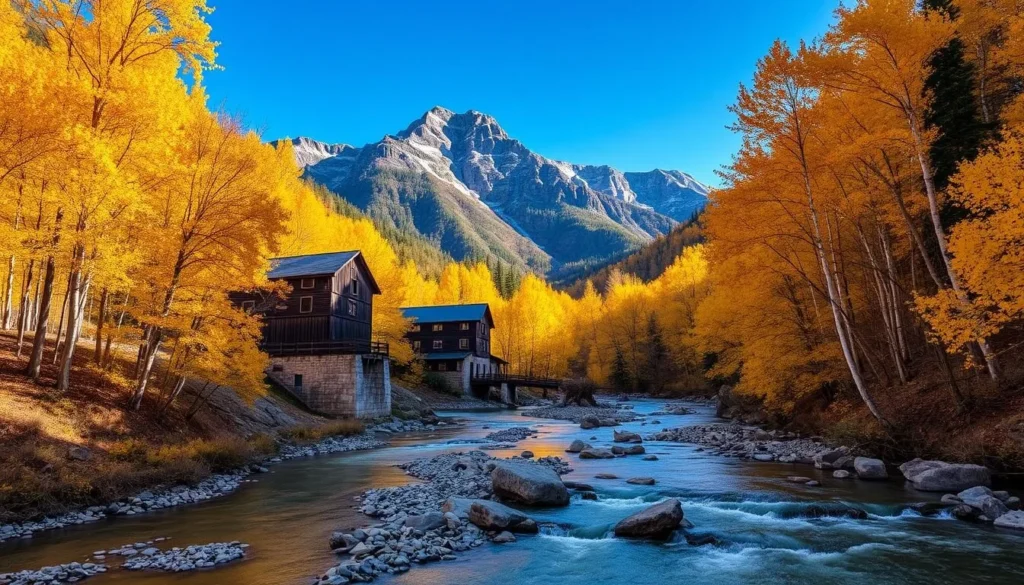 Crystal Mill surrounded by golden aspen trees in autumn with mountains in background