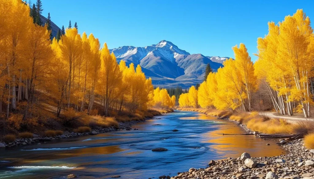 Crystal River in autumn with colorful fall foliage and Mount Sopris in the background