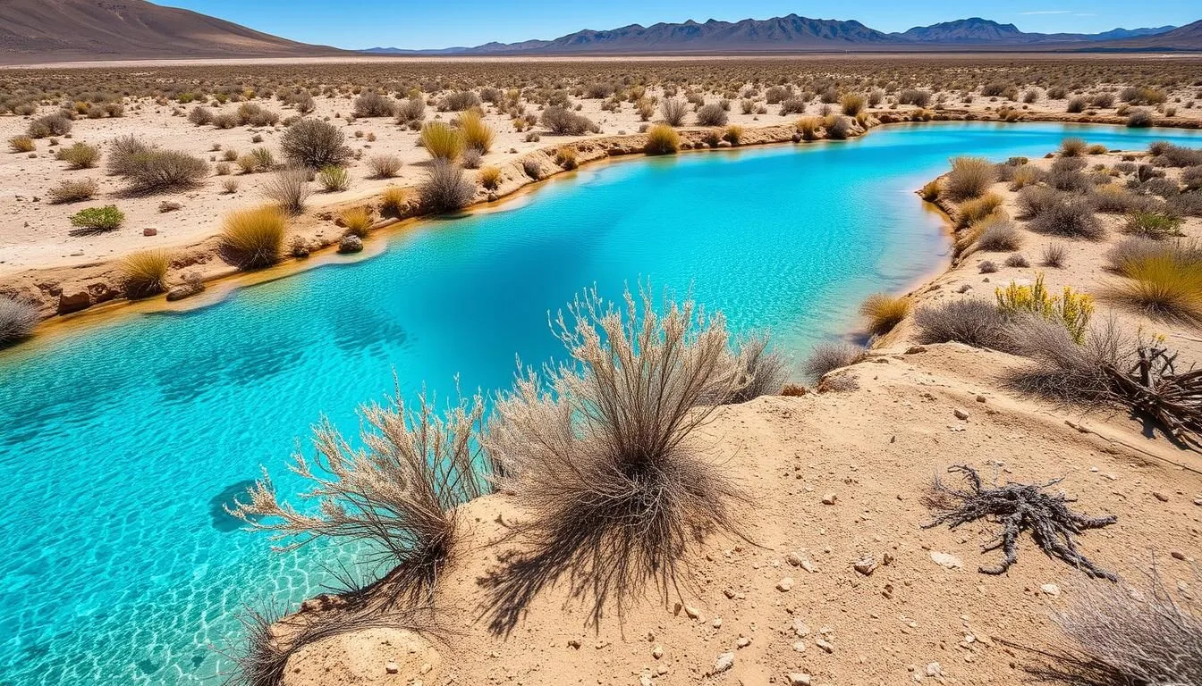 Crystal-blue-springs-of-Ash-Meadows-National-Wildlife-Refuge-with-desert-landscape-in Crystal blue springs of Ash Meadows National Wildlife Refuge with desert landscape in background