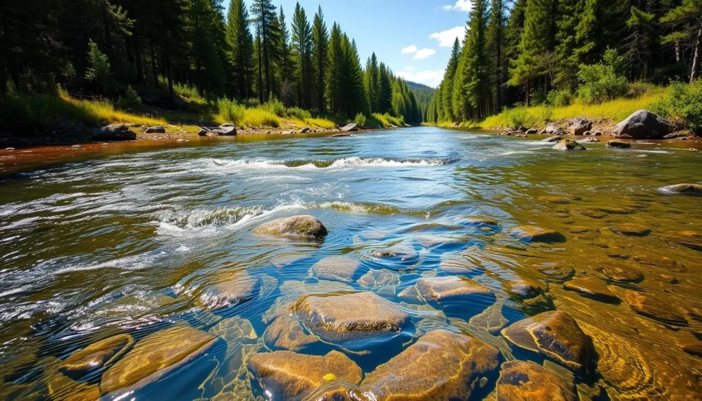 Crystal clear river flowing through Yugyd Va National Park with forest backdrop