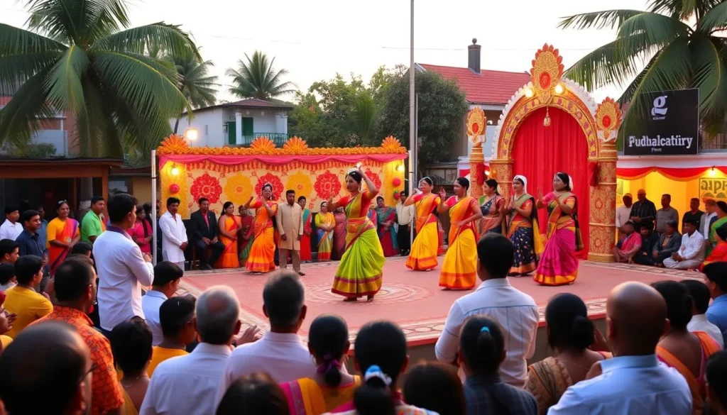 Cultural performance during Puducherry's Pongal festival with traditional dancers