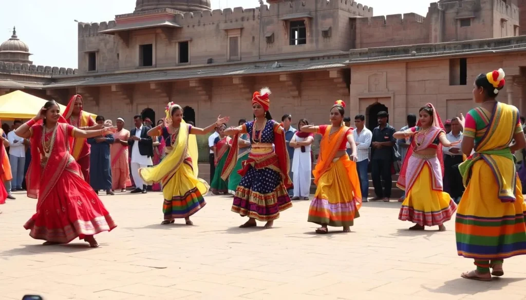 Cultural performance during Ram Vivah festival in Orchha with traditional dancers