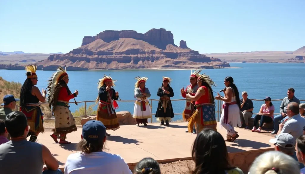 Cultural performance near Lake Powell with Native American dancers in traditional attire with scenic background Cultural performance near Lake Powell with Native American dancers in traditional attire with scenic background