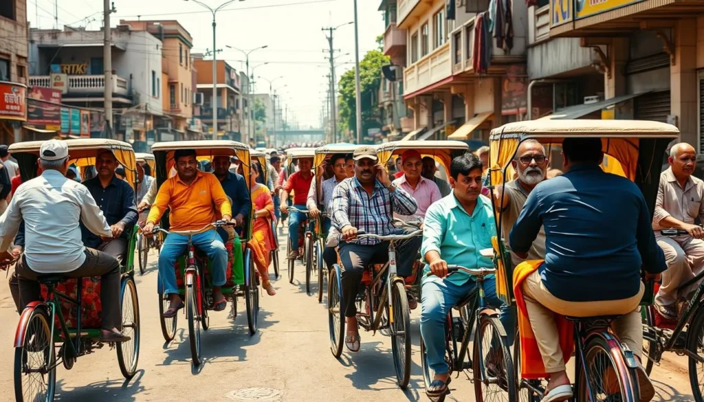 Cycle rickshaws navigating through the bustling streets of Patna, Bihar Cycle rickshaws navigating through the bustling streets of Patna, Bihar