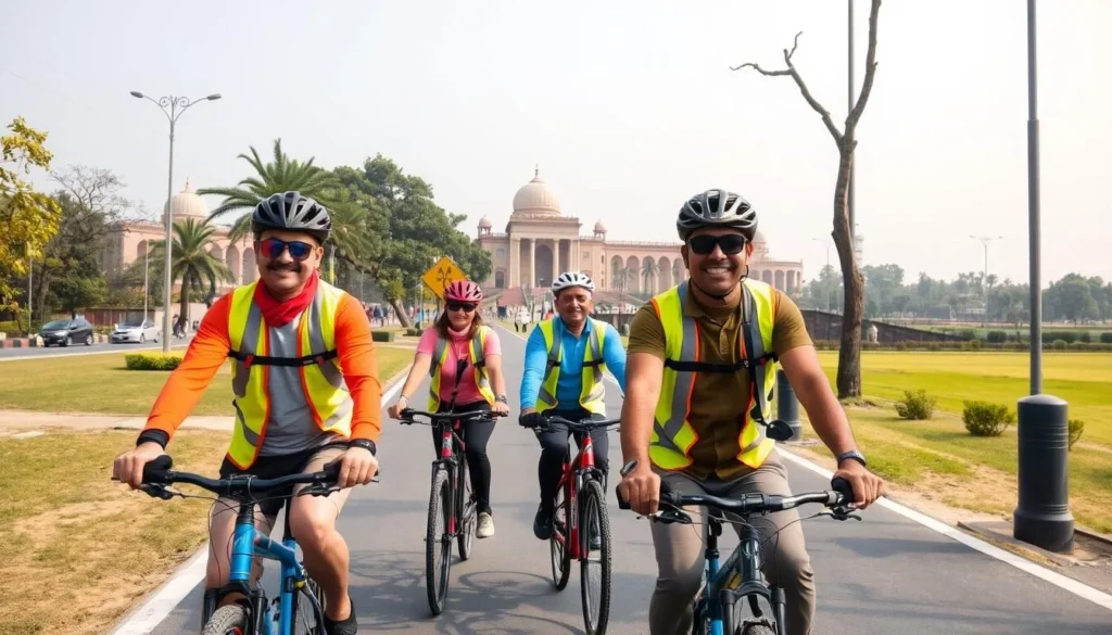 Cycling tour group exploring Chandigarh's wide roads and green spaces