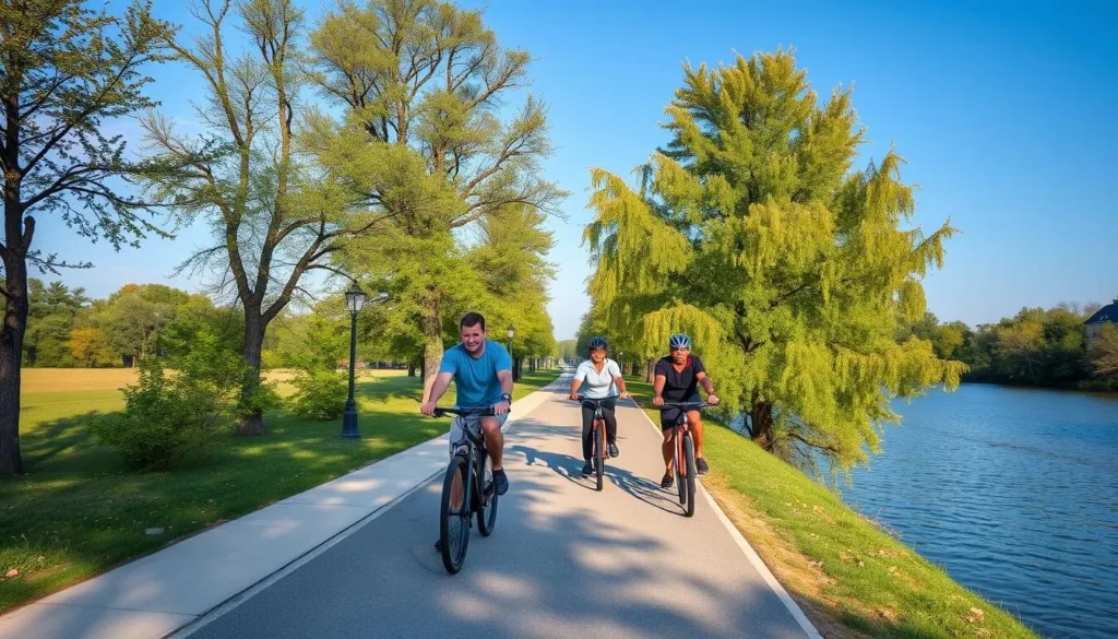 Cyclists enjoying the Sinnissippi Bike Path along the Rock River in Sterling, Illinois Cyclists enjoying the Sinnissippi Bike Path along the Rock River in Sterling, Illinois