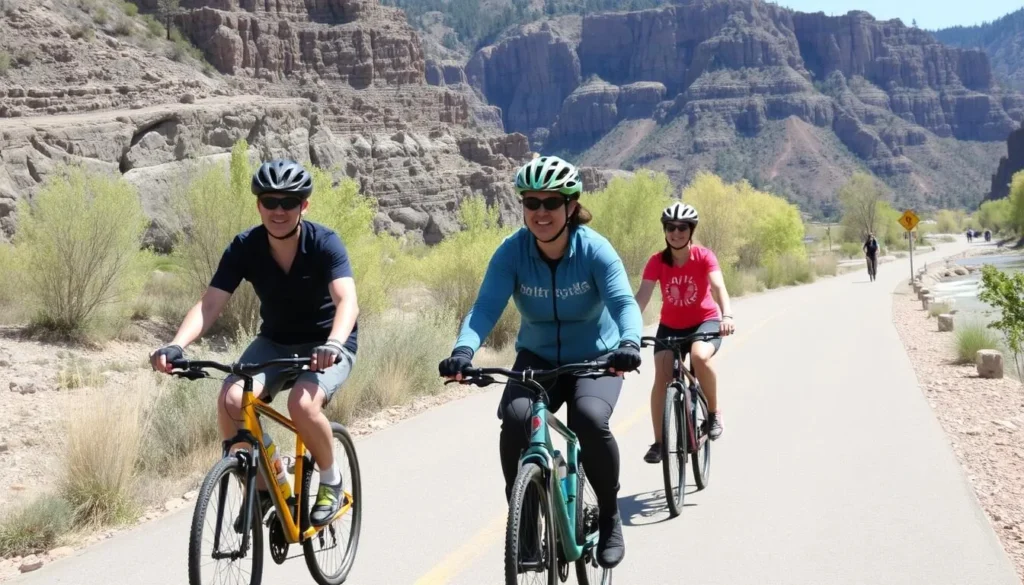 Cyclists of diverse backgrounds riding along the paved Glenwood Canyon Recreation Path with the Colorado River visible alongside Cyclists of diverse backgrounds riding along the paved Glenwood Canyon Recreation Path with the Colorado River visible alongside