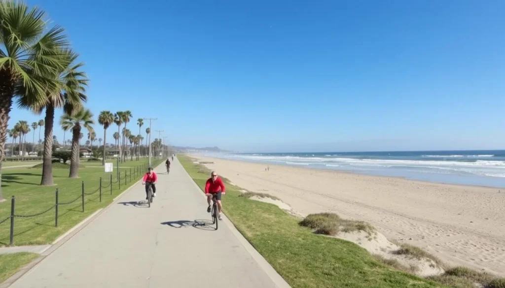 Cyclists on the Marvin Braude Bike Trail at Will Rogers State Beach