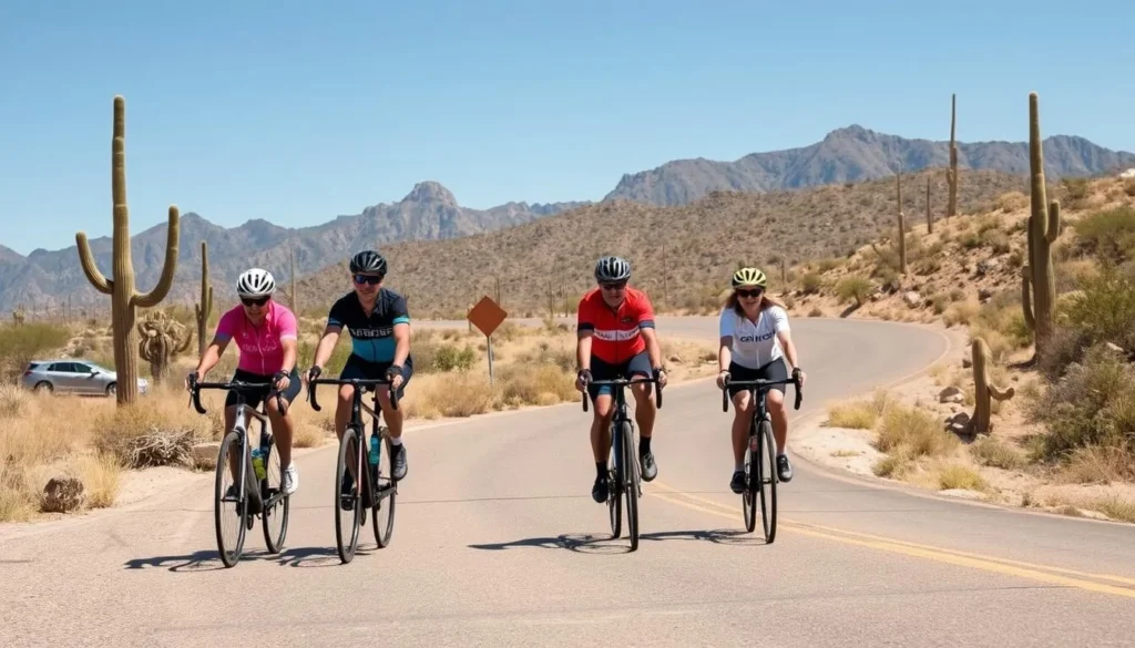 Cyclists riding along the Catalina Highway with mountain views