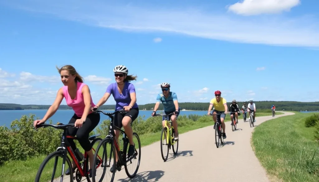 Cyclists riding along the Lake Schwerin Cycle Route with views of the lake and forested shoreline
