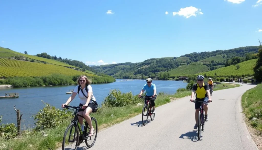 Cyclists riding along the scenic Moselle River bike path near Trier