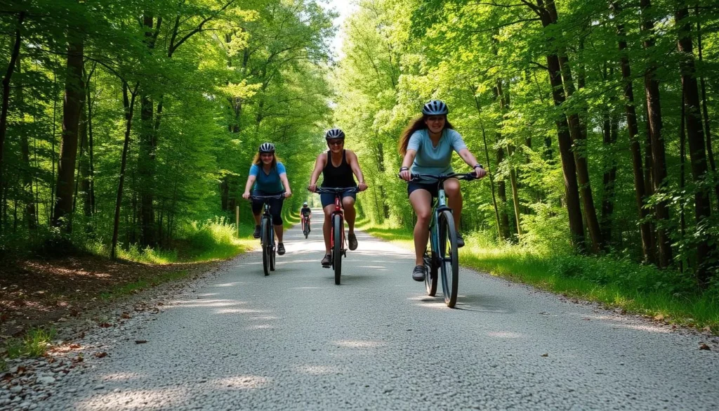 Cyclists riding on the crushed limestone surface of Tunnel Hill State Trail Cyclists riding on the crushed limestone surface of Tunnel Hill State Trail