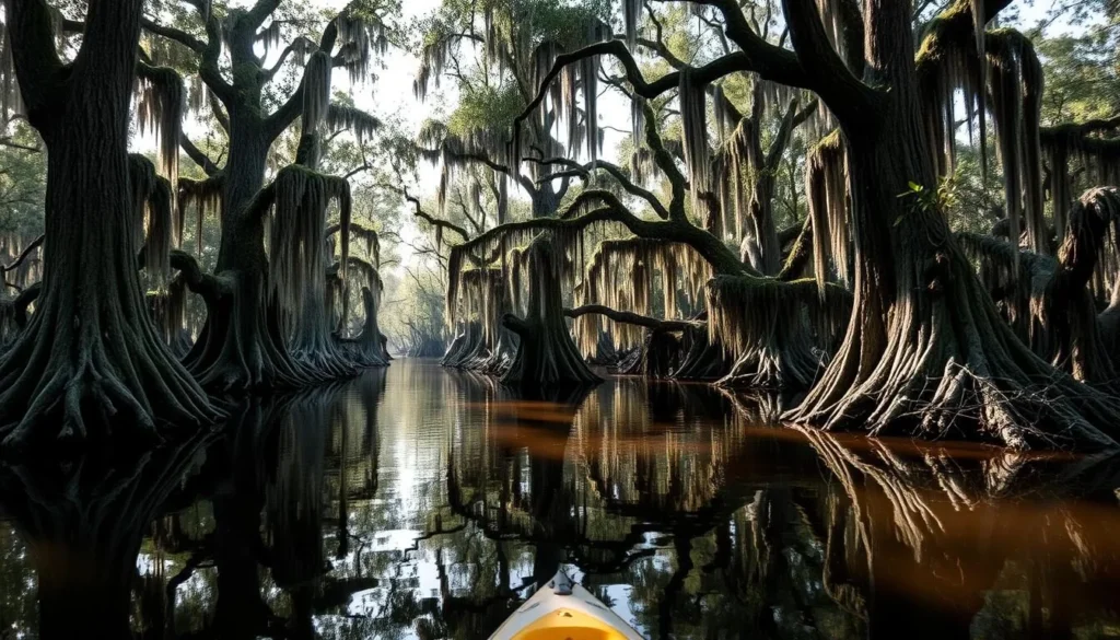 Cypress trees in the Atchafalaya Basin swamp with Spanish moss and reflections in still water Cypress trees in the Atchafalaya Basin swamp with Spanish moss and reflections in still water