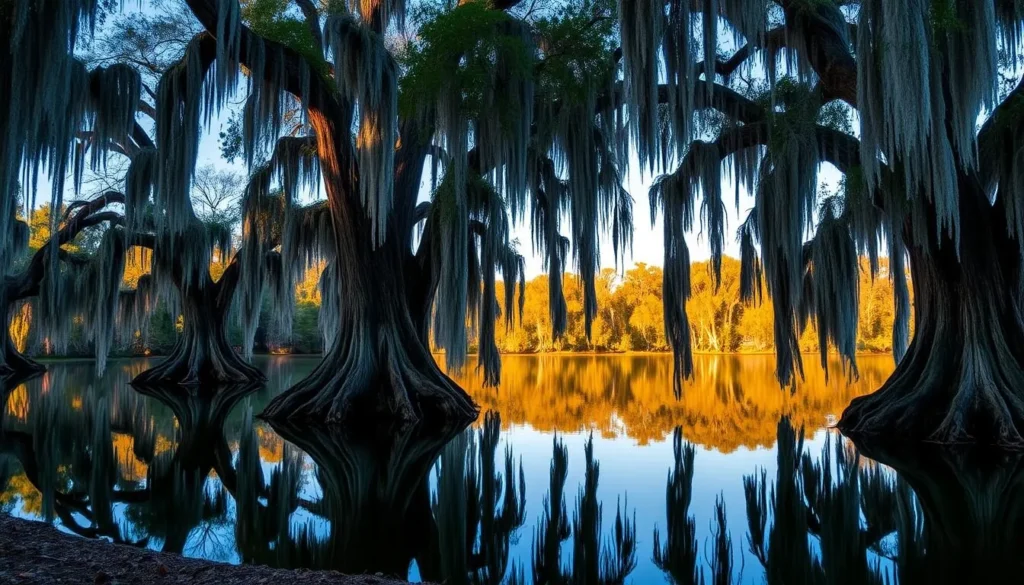 Cypress trees with Spanish moss at Lake Bistineau State Park reflected in still water