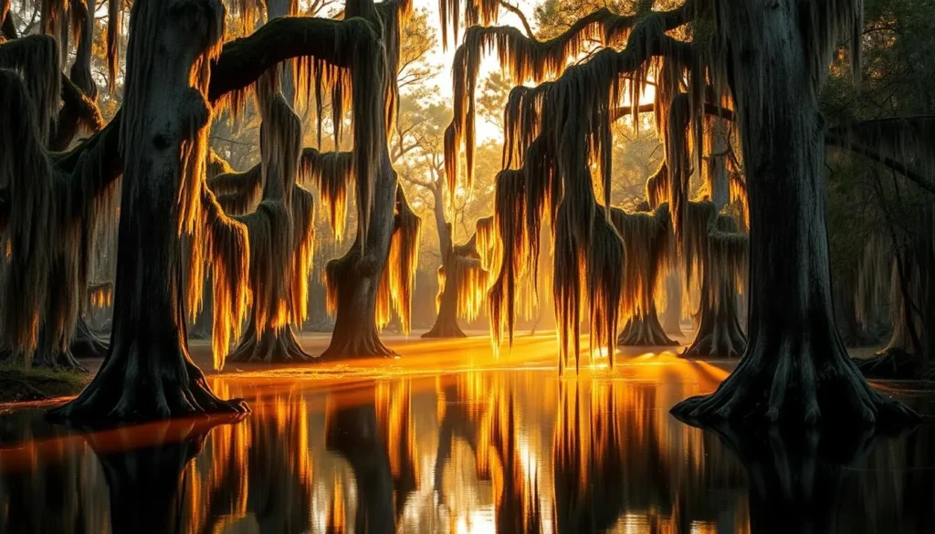 Cypress trees with Spanish moss in the swamp at Tickfaw State Park