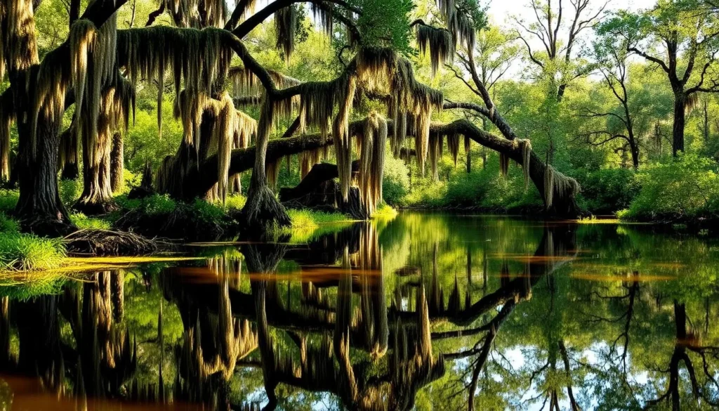Cypress-tupelo swamp with reflections in Pearl River Wildlife Management Area Cypress-tupelo swamp with reflections in Pearl River Wildlife Management Area