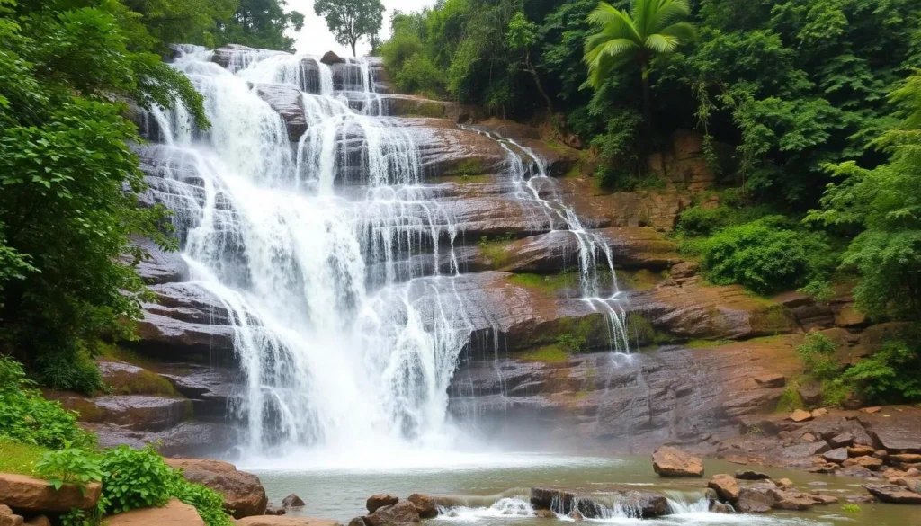 Dassam Falls in Jharkhand during post-monsoon season with abundant water flow and lush surroundings