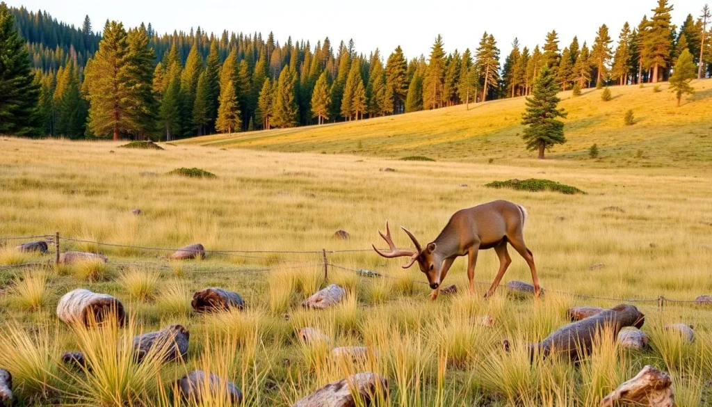 Deer in meadow on Mingus Mountain with pine forest background