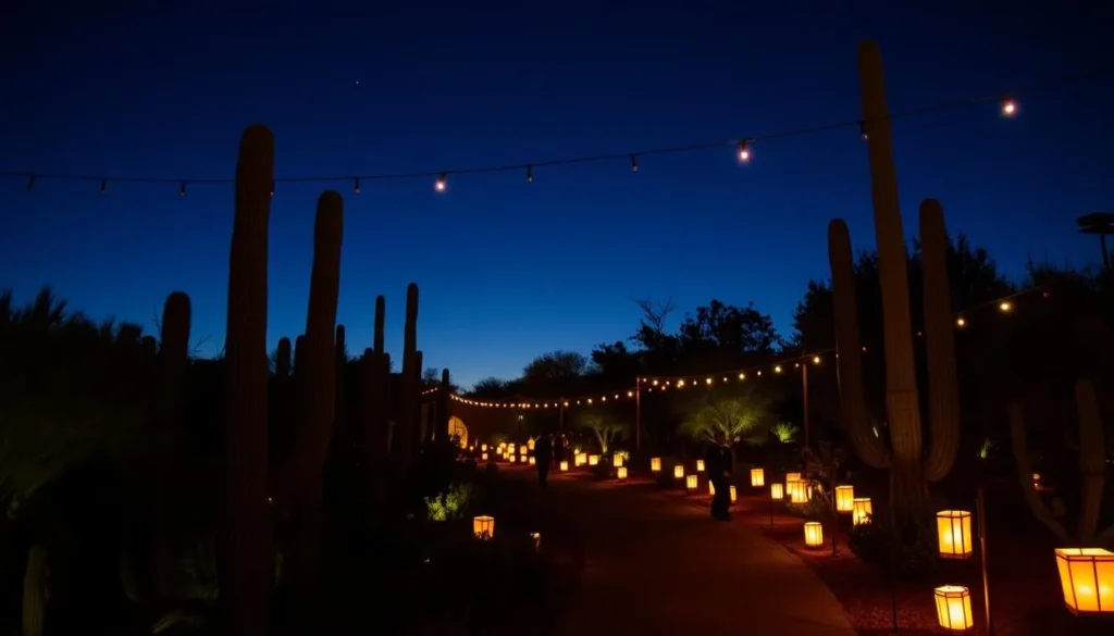 Desert Botanical Garden luminaria display at night with saguaro cacti silhouettes