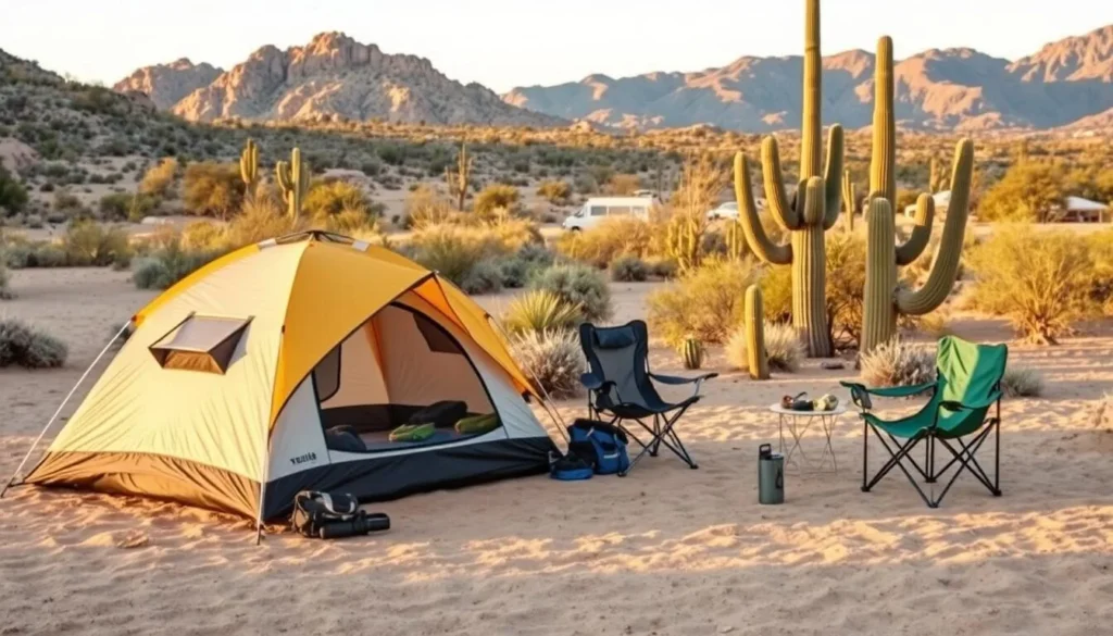Desert camping setup with tent and basic equipment in Sonoran Desert National Monument