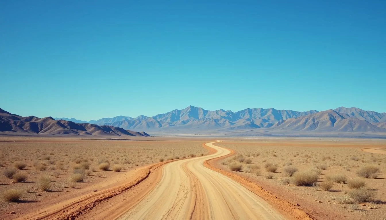 Desert landscape approaching Boundary Peak with mountain views and winding road