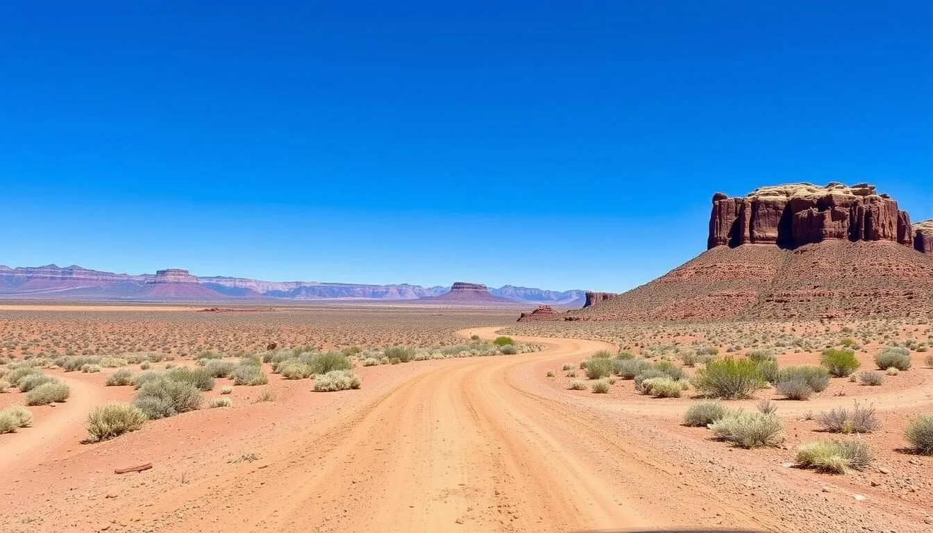 Desert-landscape-approaching-Gold-Butte-National-Monument-with-mountains-in-the-background Desert landscape approaching Gold Butte National Monument with mountains in the background