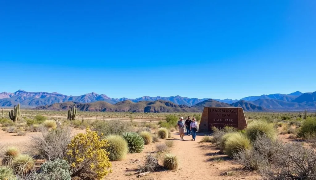 Desert landscape approaching Leasburg Dam State Park with mountains in the distance