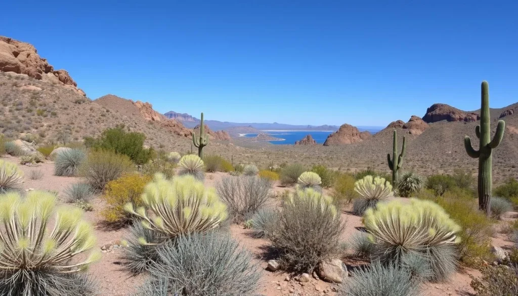 Desert landscape around Santa Rosa Lake showing diverse vegetation and geological features Desert landscape around Santa Rosa Lake showing diverse vegetation and geological features