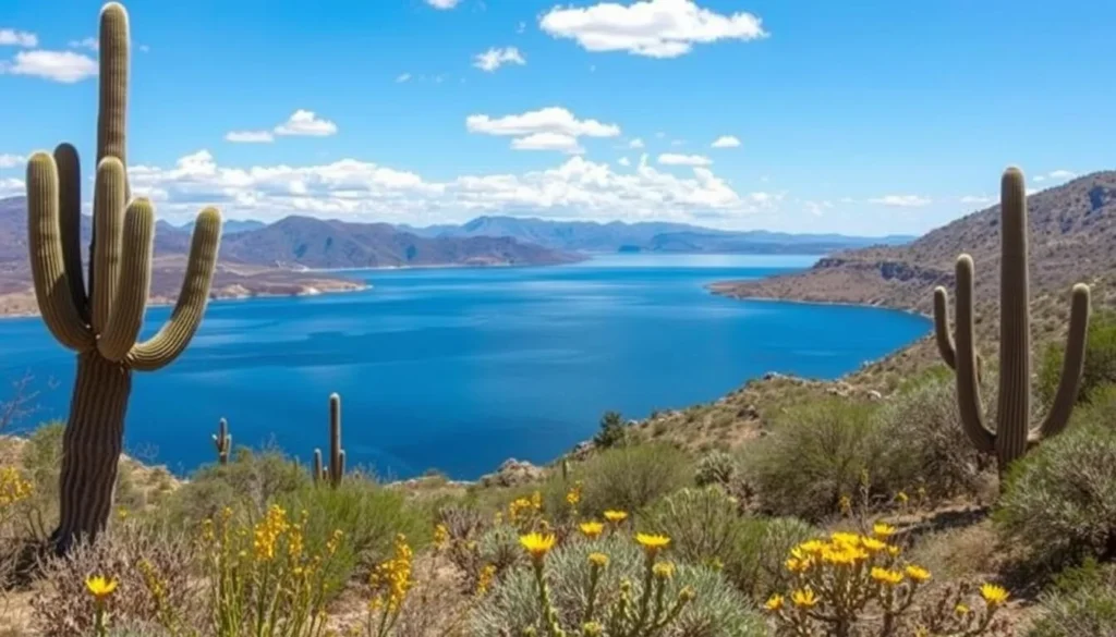 Desert landscape around Theodore Roosevelt Lake with saguaro cacti and wildflowers