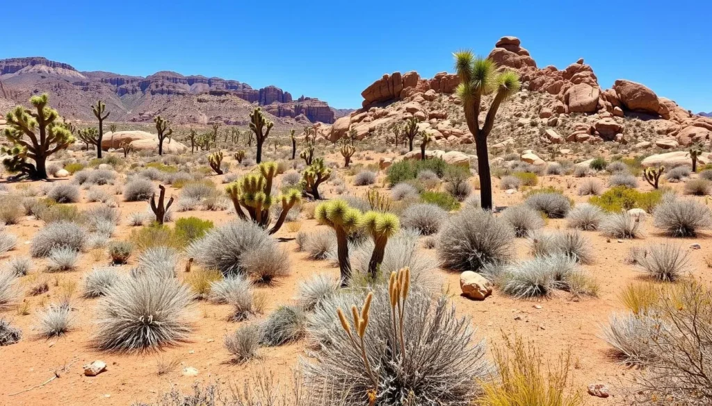 Desert landscape in Gold Butte National Monument showing diverse vegetation and rock formations Desert landscape in Gold Butte National Monument showing diverse vegetation and rock formations