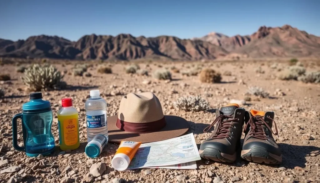 Desert landscape in the Egan Range showing proper hiking gear and water bottles Desert landscape in the Egan Range showing proper hiking gear and water bottles