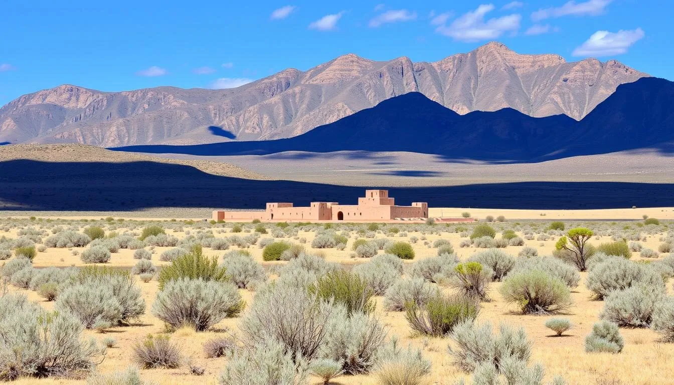 Desert-landscape-surrounding-Salinas-Pueblo-Missions-National-Monument-with-mountains-in-the Desert landscape surrounding Salinas Pueblo Missions National Monument with mountains in the background