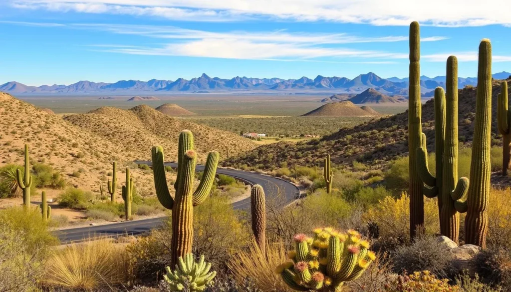 Desert landscape surrounding Tombstone with mountains, cacti, and typical Sonoran Desert vegetation Desert landscape surrounding Tombstone with mountains, cacti, and typical Sonoran Desert vegetation