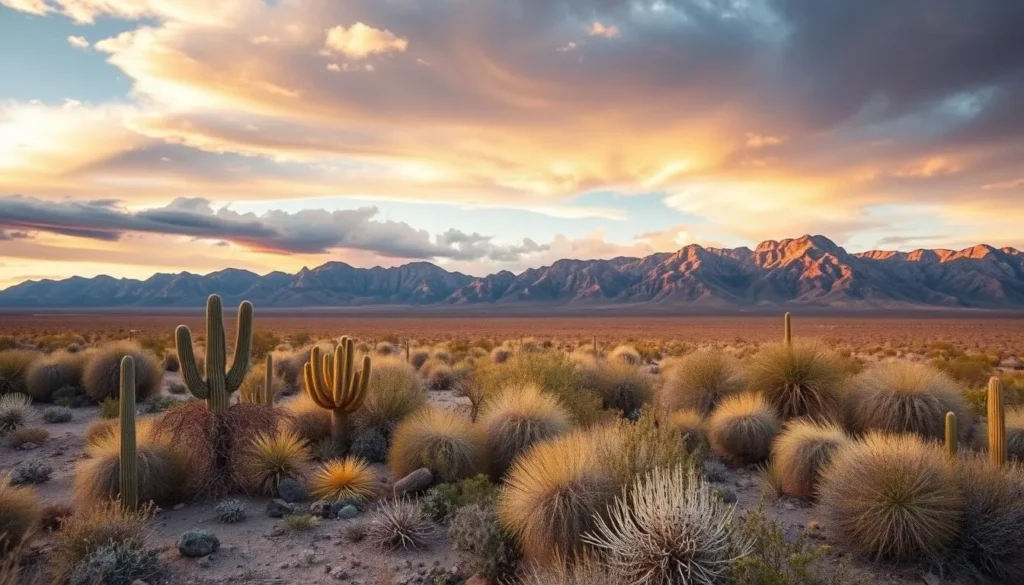 Desert landscape surrounding the VLA with mountains in the background